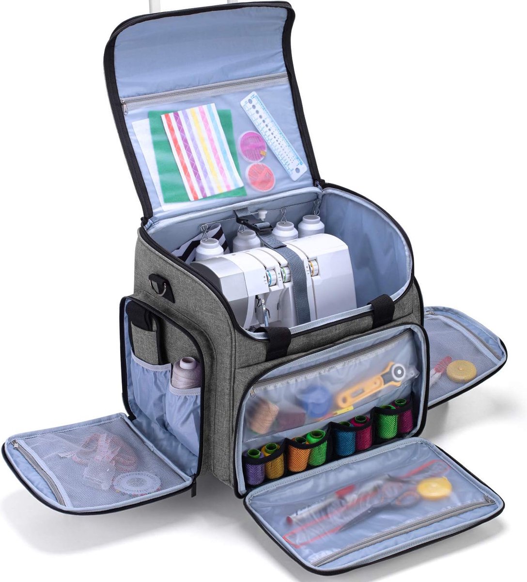 Overlocker afneembare trolley, Coverlock naaimachinetrolley met afneembare onderlegger, overlock-naaimachinetas (slechts één lege tas inbegrepen), grijs