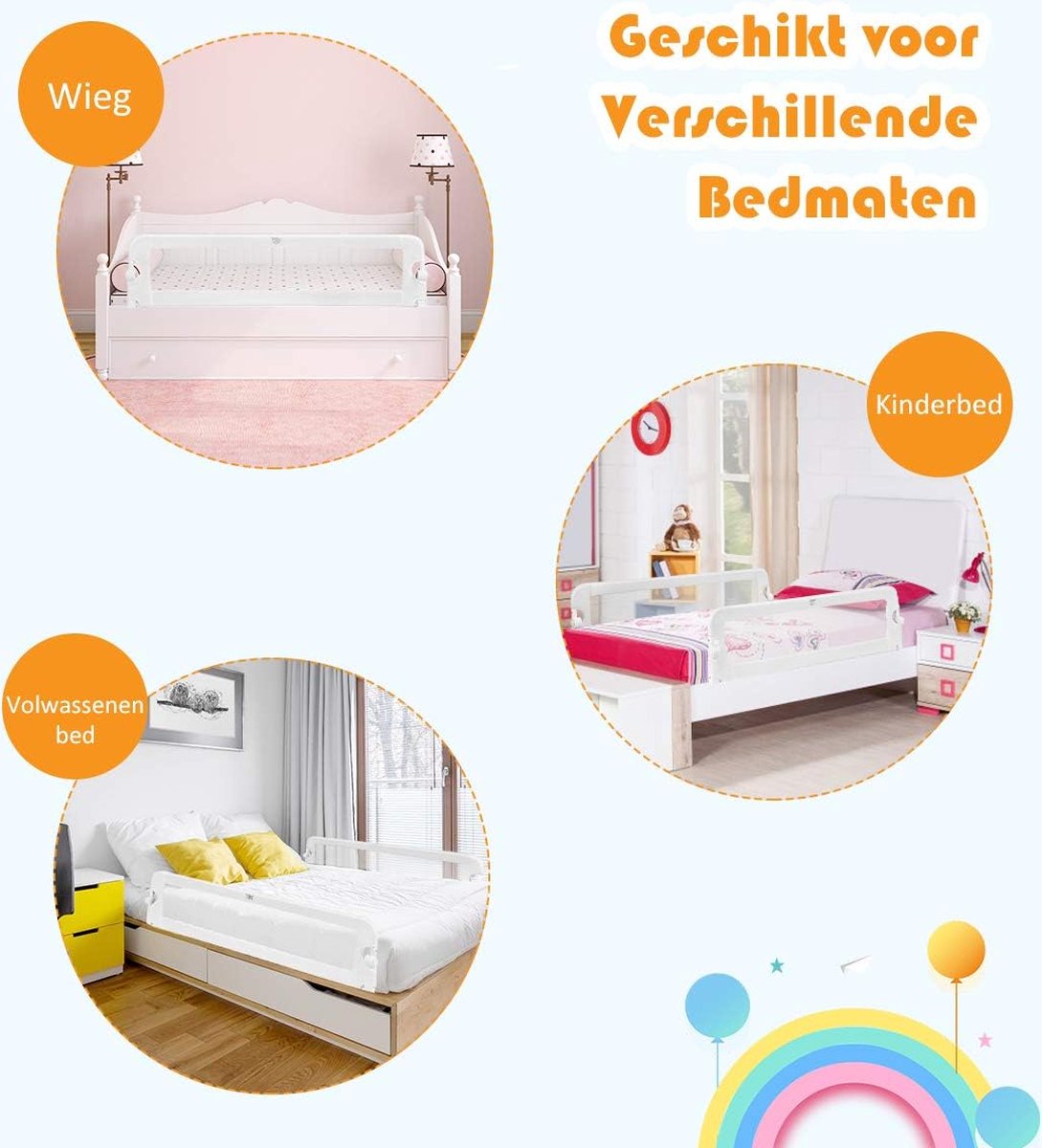 Bedhekje, 150 x 40 x 42cm, opklapbaar veiligheidsbedhek voor peuters, kinderen & baby's, neerklapbaar hek voor converteerbare wieg, tweelingbed, twijfelaar, en eenpersoons-, tweepersoons-, queensize en kingsize bedden (wit, 150 x 40 x 42cm)