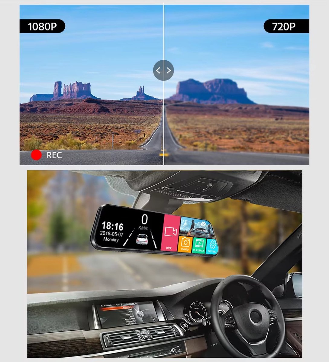 Dashcam met achteruitrijcamera - 4K - 10 inch - IPS-touchscreen - Spiegelcamera voor auto - Touchscreen - Videorecorder - Achteruitkijkspiegel - Dashcam - Voor- en achtercamera - Spiegel - Bewegingsdetectie en parkeerstand