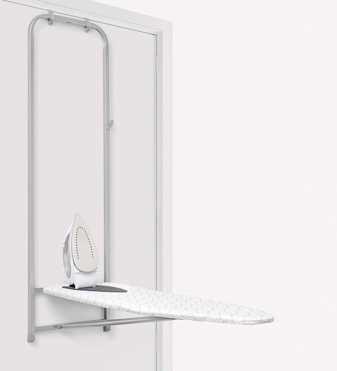 Storage shelf grey frame wall, door and cabinet | Silicone ironing board | with foam | Colour dimensions table top 33 x 110 cm | Folded with structure: 5 x 133 x 38.5 cm, metal