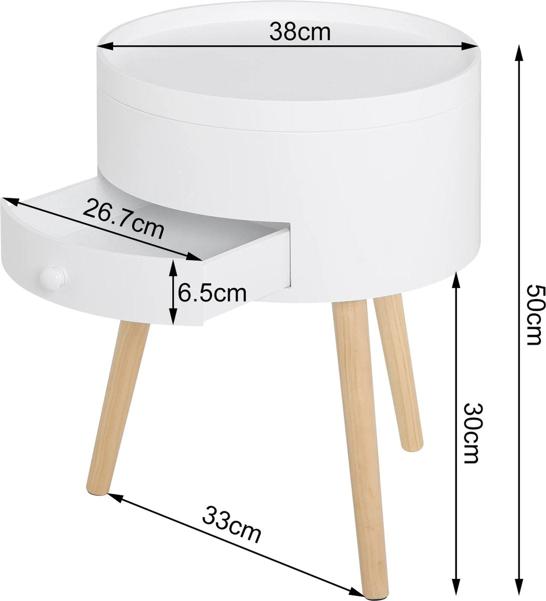 Nachtkastje - Bijzettafel - Industrieel - Houten Nachtkastje - Wit - Rond - Met lade