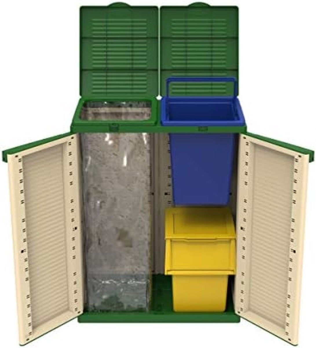EcoTab 2 afvalscheidingskast, voor binnen en buiten, 2 aparte vakken, kleur: beige/groen, materiaal: kunststof, afmetingen: 68 x 39 x 88,7 cm