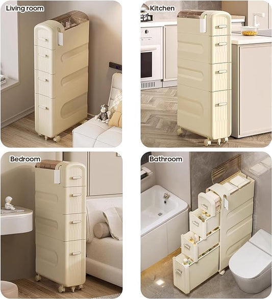Bathroom Cabinet, 3 Tiers, Vertical Storage Unit with Clear Drawers and and Wheels, 18 cm Wide Bathroom Storage Cabinet, for Bedroom, Living Room,, Bathroom