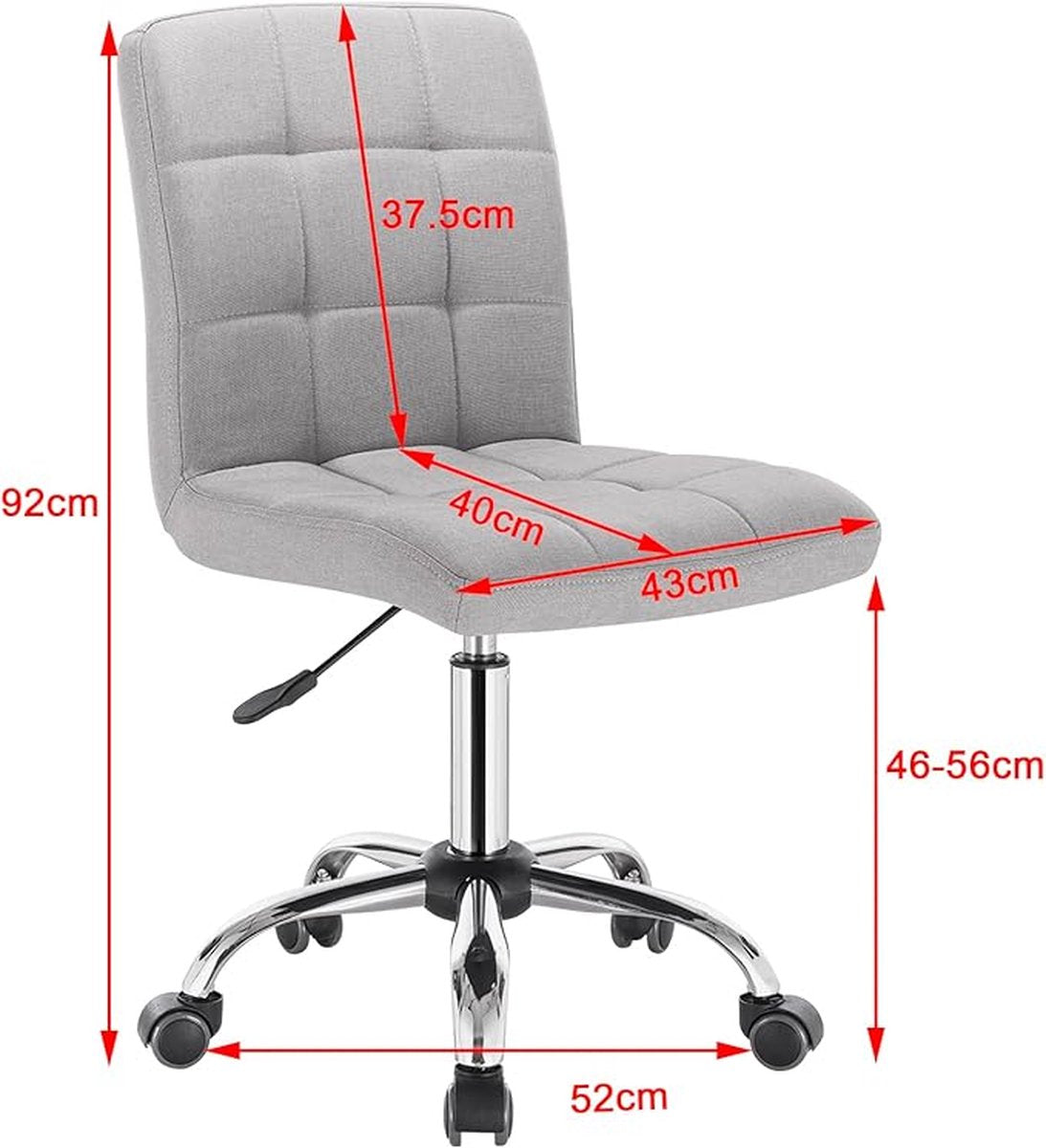 Swivel office chair with ergonomic design, height adjustable and 360-degree rotatable. Suitable for office, study, or bedroom. Linen upholstery in light gray.