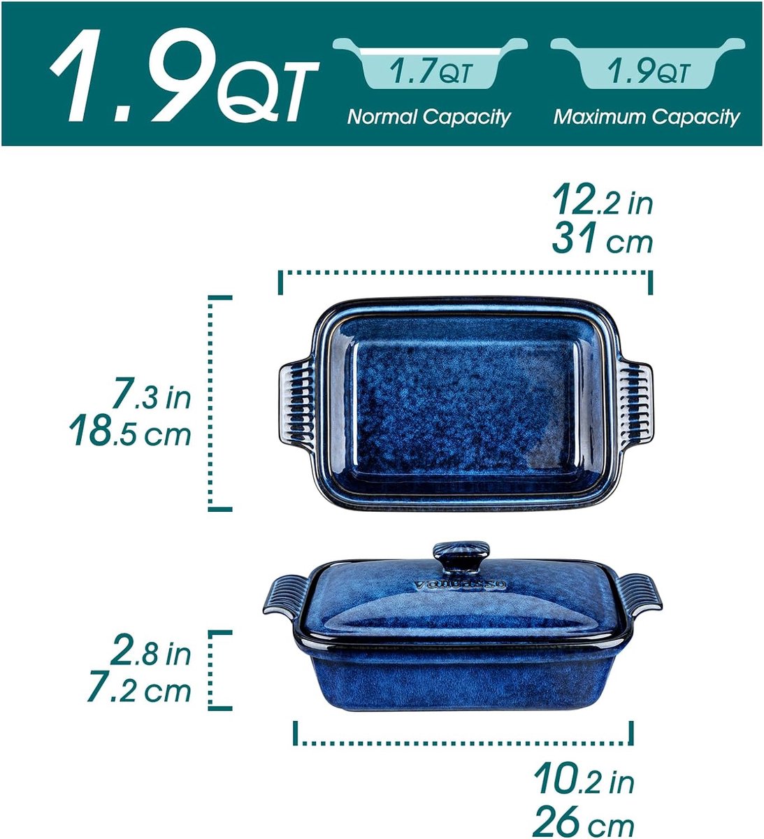 Braadpan met deksel, STARRY broodovenschaal van steengoed, vierkante lasagneschaal, ovenschaal voor brood, lasagne, pizzakoekjes, magnetron, oven, vaatwasmachinebestendig