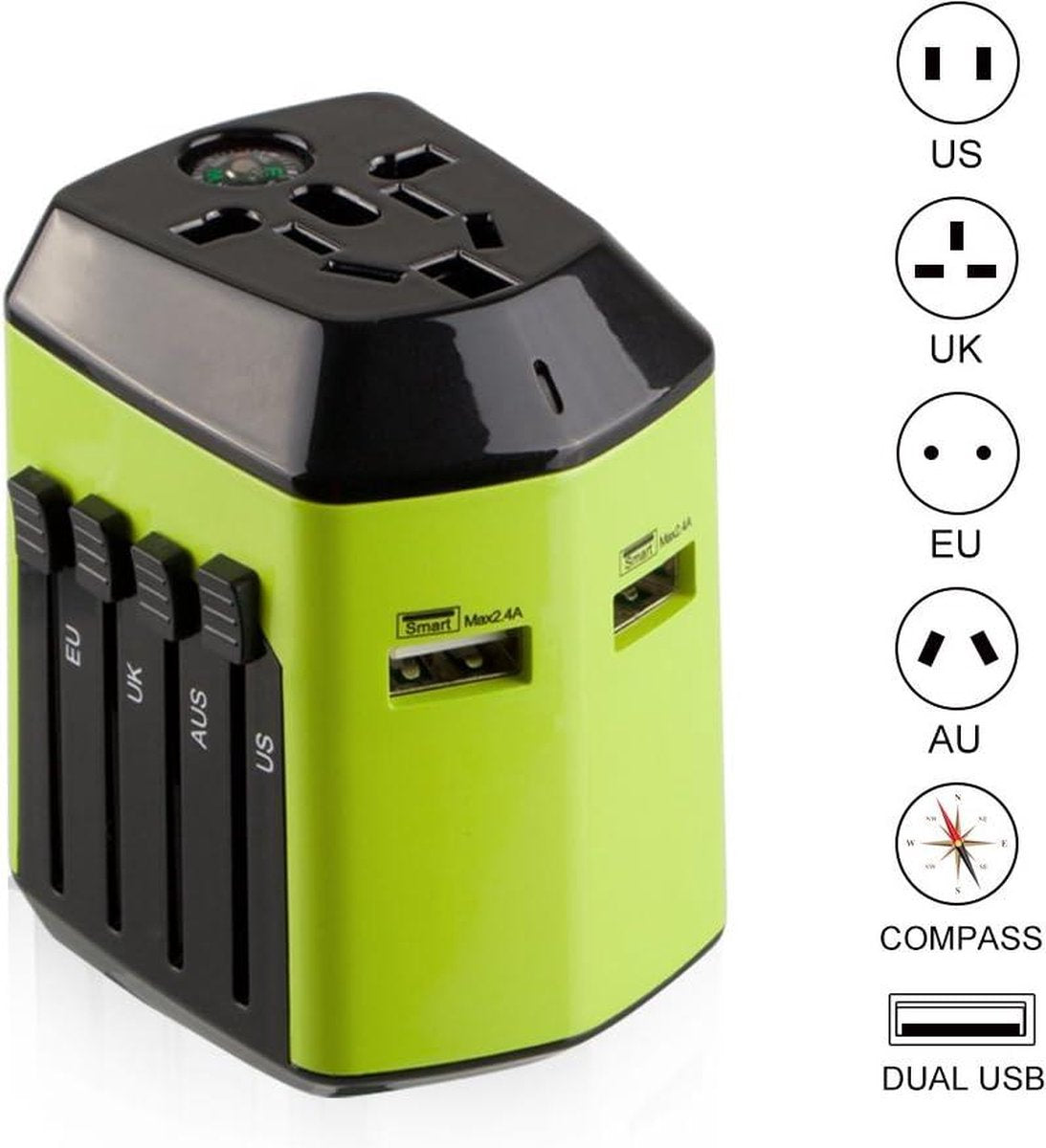Universal travel adapter with 2 USB ports - UK EU US AU - 180 countries - all-in-one plug adapter - green