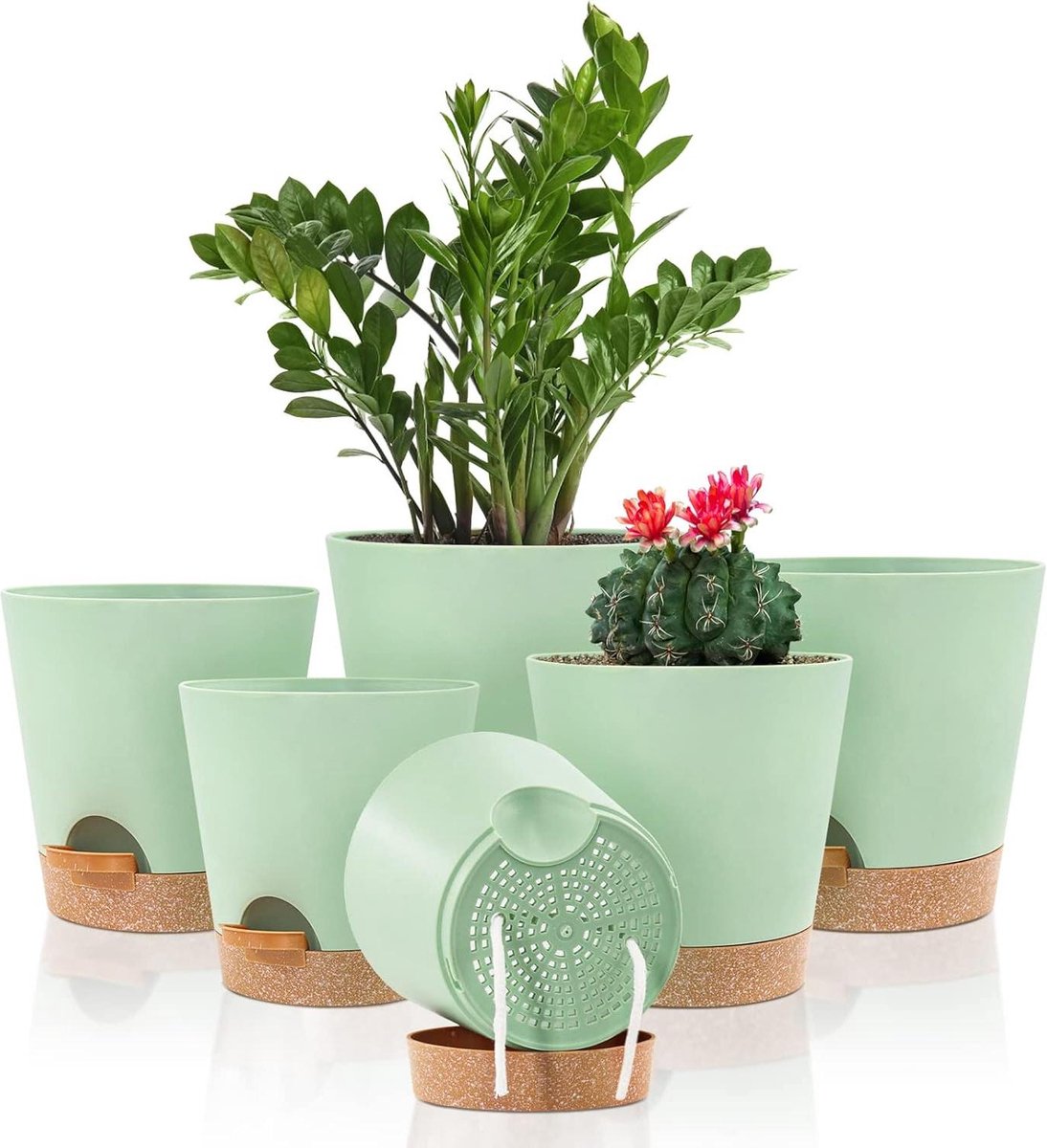 Selfwatering plantenpotten - Plastic bloempotten met afvoergaten en schotel - Binnen 20/17.5/16.5/15/14/12.5cm - Zelf water gevende plantenpotten voor kamerplanten Bloempot