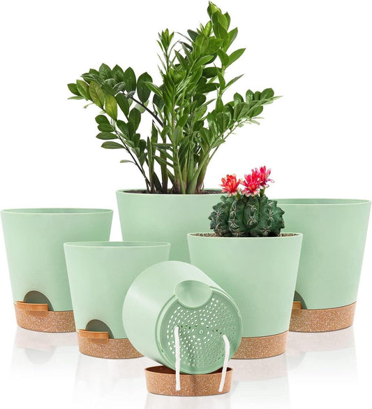 Selfwatering plantenpotten - Plastic bloempotten met afvoergaten en schotel - Binnen 20/17.5/16.5/15/14/12.5cm - Zelf water gevende plantenpotten voor kamerplanten Bloempot