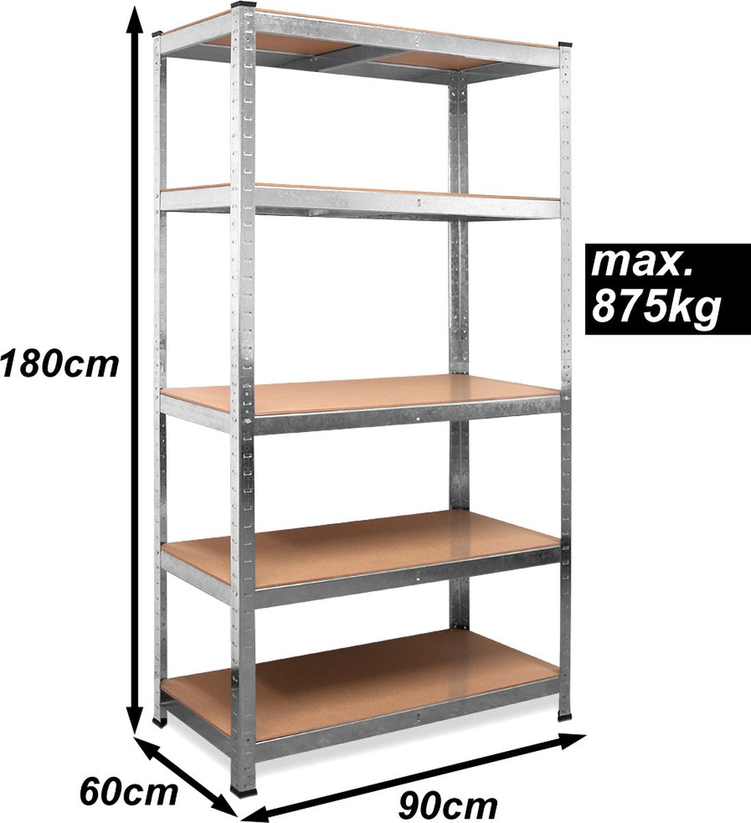 7House Heavy-Duty Metalen Opbergrek/Stellingkast met 5 legborden - 875kg draagvermogen - (HxBxD) 180x90x60 cm - 175kg per plank