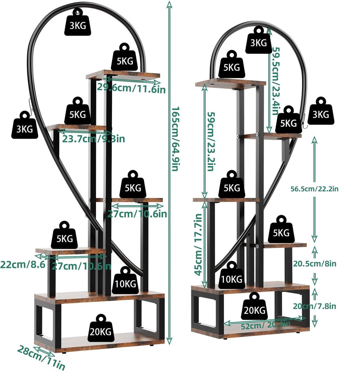 Plantenstandaard - Plantenrek - Plantentafel - Voor Binnen En Buiten - Hartvorm - 112x28x165cm - Zwart - Bruin