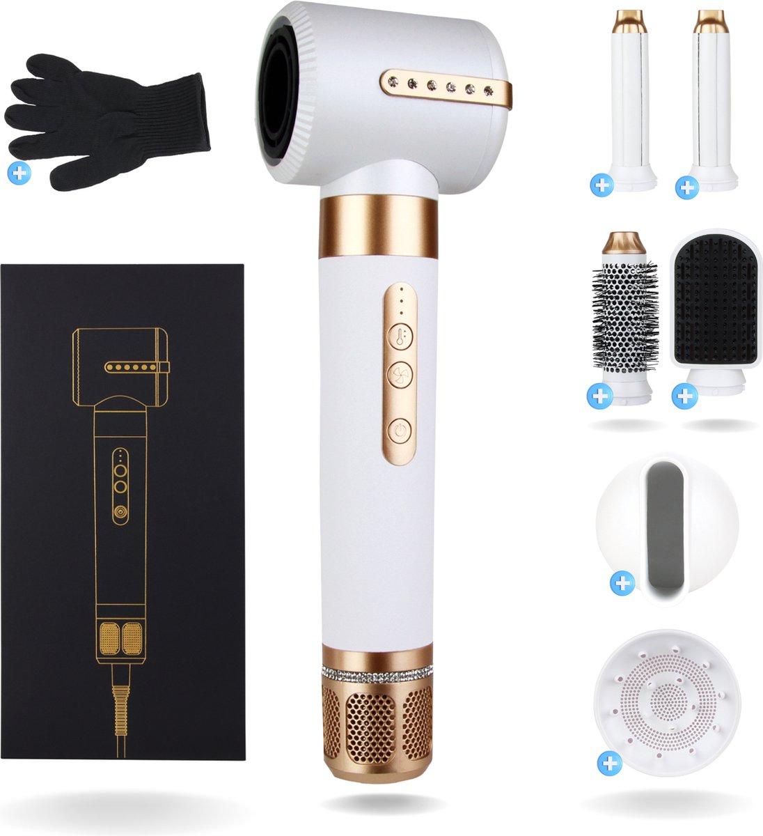 krultang - Deluxe - Wit - Föhn - Haardroger - Hittebestendige handschoen - 7-in-1 multistyler - Haarkruller