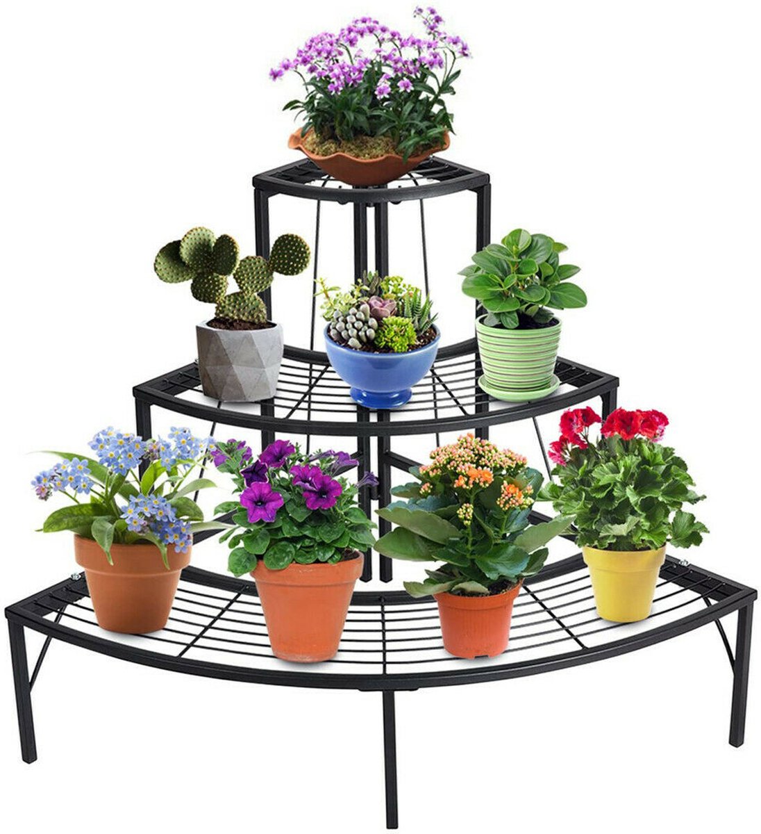 Plantenrek - Wandrek - Voor planten - Driehoekig - Ladderkast - 3 planken - 3 laags - Plantenrek - Zwart - Binnen/buiten