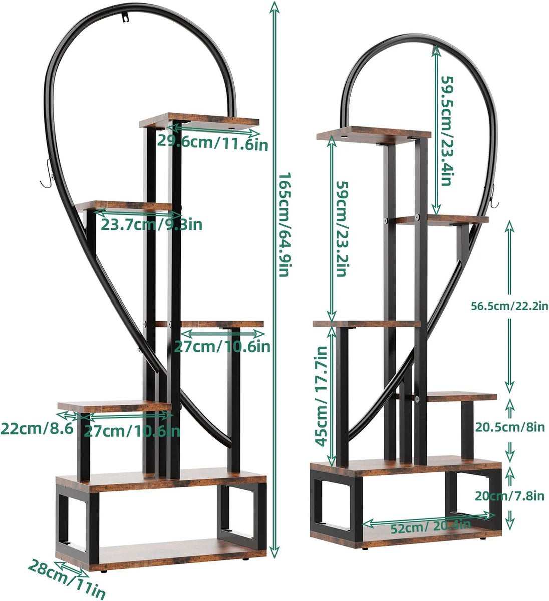 Plantenstandaard - Plantenrek - Plantentafel - Voor Binnen En Buiten - Hartvorm - 112x28x165cm - Zwart - Bruin