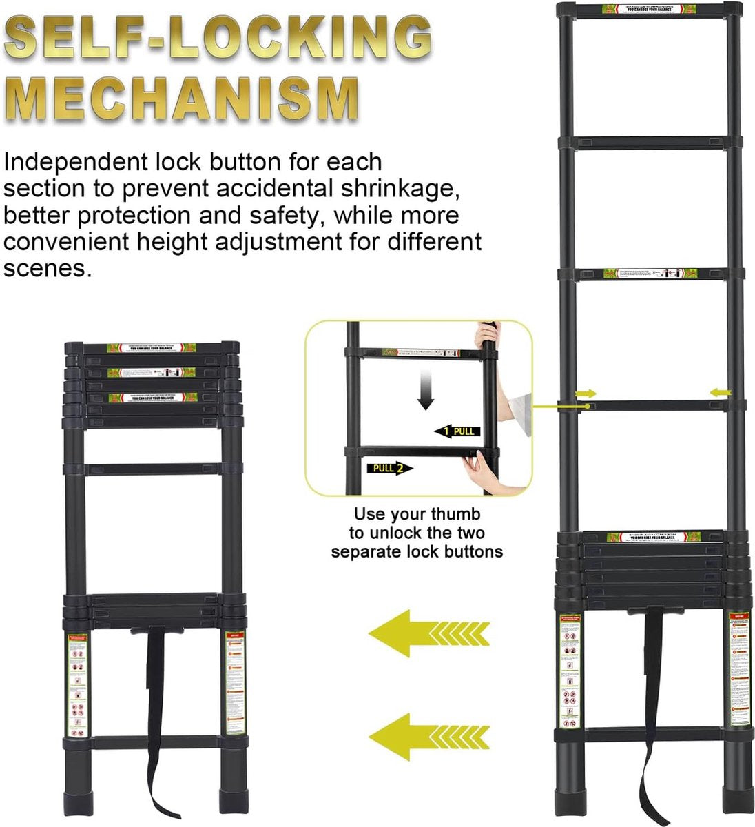 Telescopische ladder, huishoudladder, vouwladder, schuifladder, multifunctionele ladder, draagbare schuifladder van hoogwaardig aluminium, maximale belasting 150 kg/330 lb, 2,6 m/8,5 ft