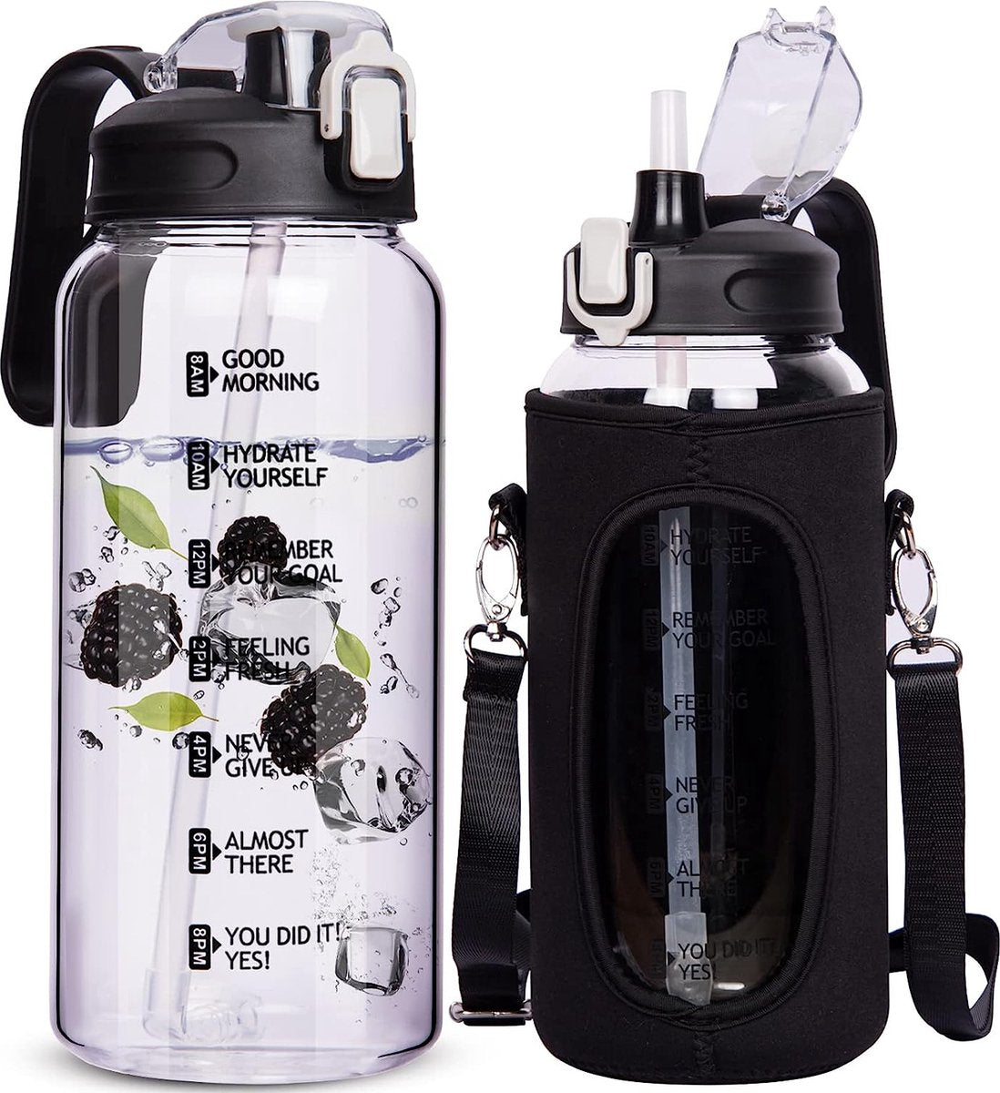 Large drinking bottle, glass with straw, 2 litres, glass bottle with time marking, borosilicate glass, water bottle, glass carafe with lid, glass jug for cold and hot water