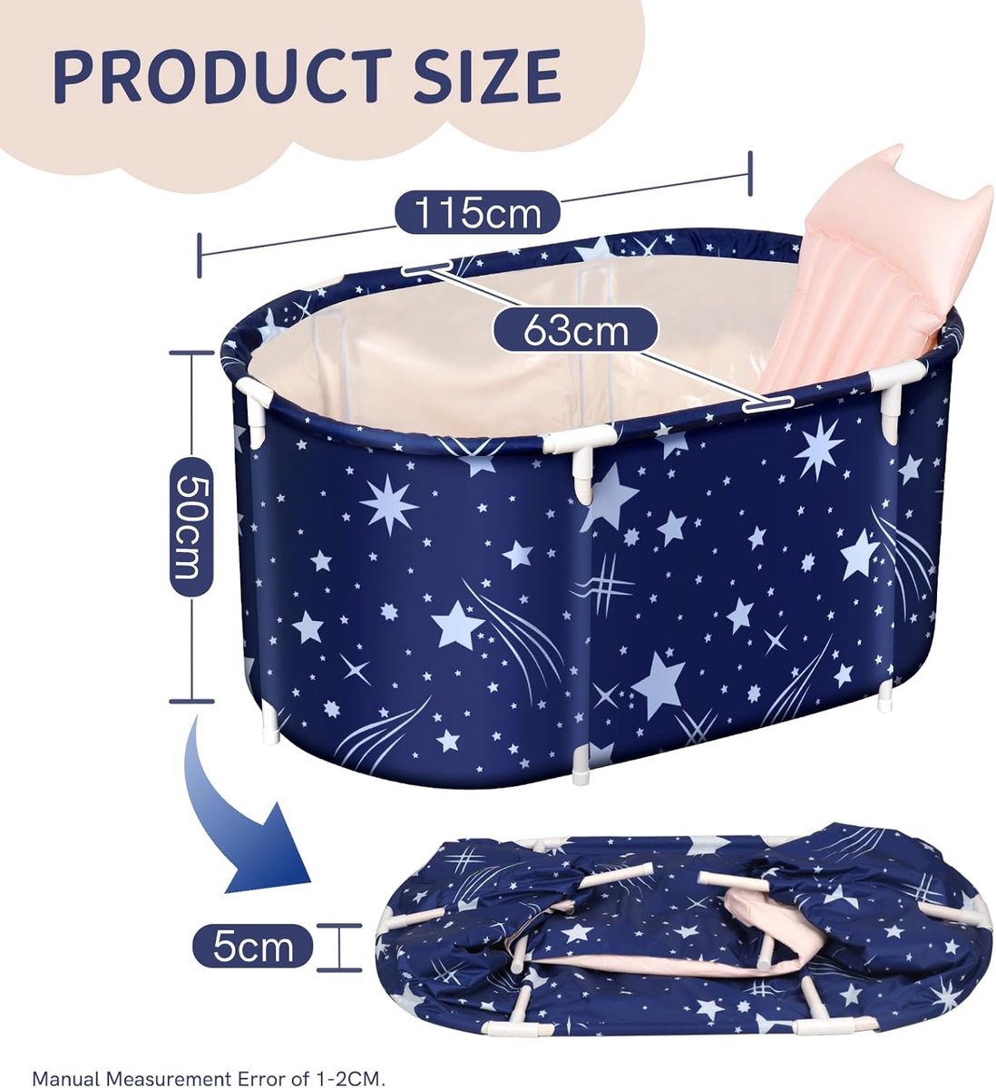 Foldable bathtub for adults, bathtub for shower, collapsible bathtub, mobile bathtub portable with inflatable pillow, ideal for home spa, 115 x 63 x 50 cm