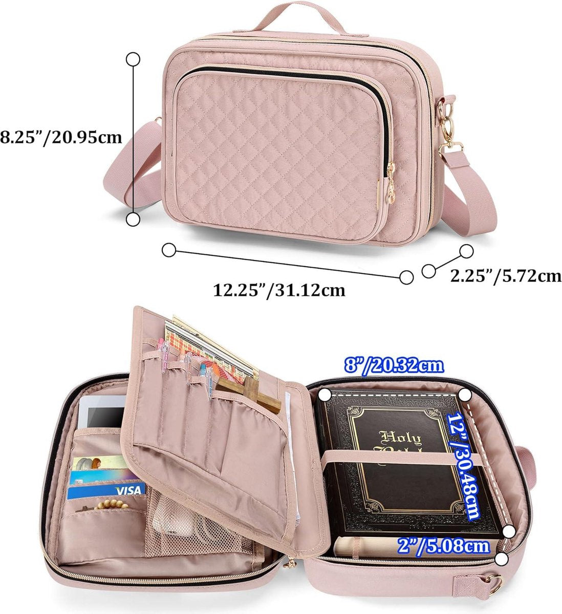Bible Carrying Bag with Handle and Detachable Shoulder Strap - Stylish Large Size Bible Bag - Pink Color with Zipper - Modern Design Bible Cover