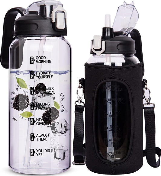 Large drinking bottle, glass with straw, 2 liters, glass bottle with time marking, borosilicate glass, water bottle, glass carafe with lid, glass jug for cold and hot water