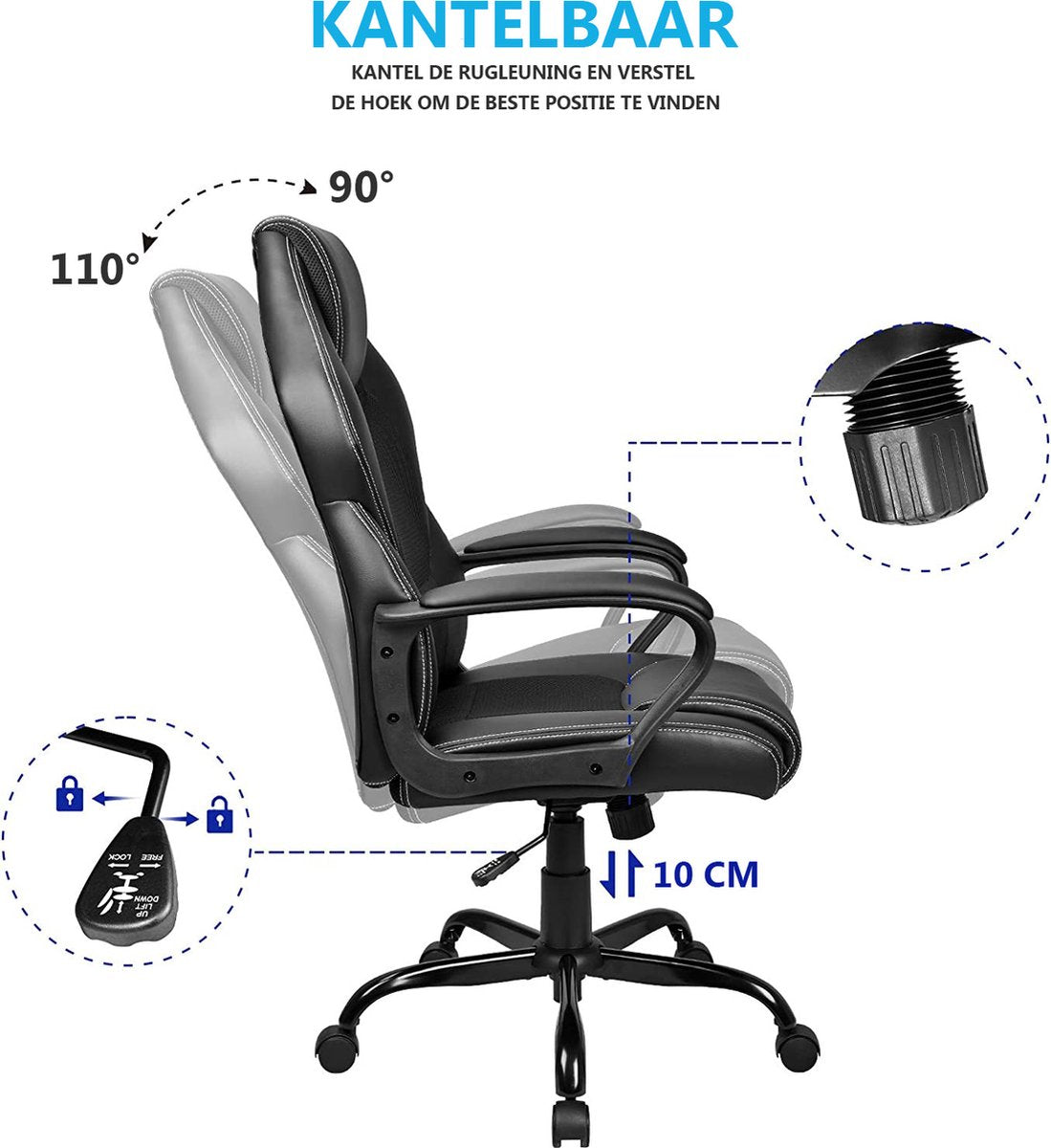Luxe Ergonomische Bureaustoel Met Kantelmechanisme - Directie Managerstoel Ergonomisch - Ergonomische Luxe Racing Style Design Game Computer Stoel - Voor Gamen/Kantoor/Thuiswerken - Extra Dikke Vulling - Kunstleer - Zwart