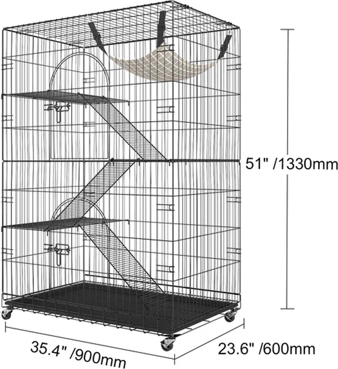 Verplaatsbaar Dierenverblijf - Kattenren - Kattenbench - Binnen & Buiten - Zwart - 90x60x133CM - Ook Geschikt Voor Cavia, Fret, Konijn, Hamster,, Vogel - Draadkooi - Groot Formaat - Inklapbaar - 4 Lagen - 30KG Draagvermogen