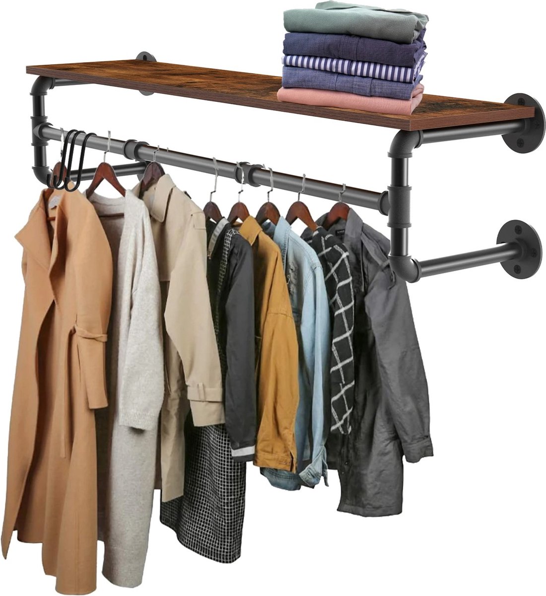 TX Store - Kapstok - Hangend - Kledinghangers - Wandkapstok - Met Plank - Garderoberek - Industrieel - Pijpen - 100x25x22CM
