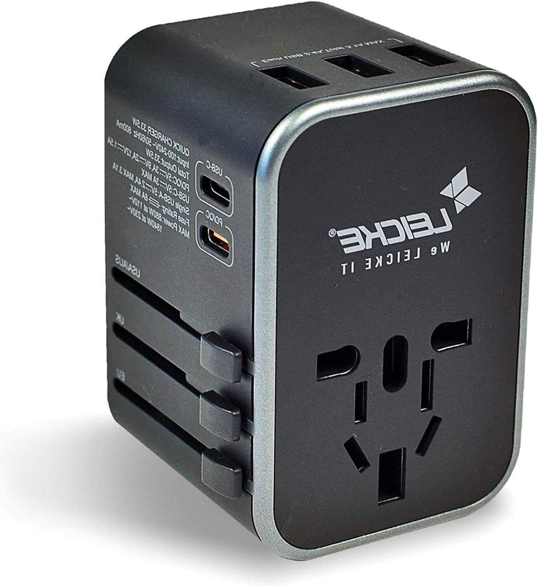 Universal travel adapter - International travel plug with 3 USB A ports - 2 type C - 224 countries - US/EU/UK/AUS plugs