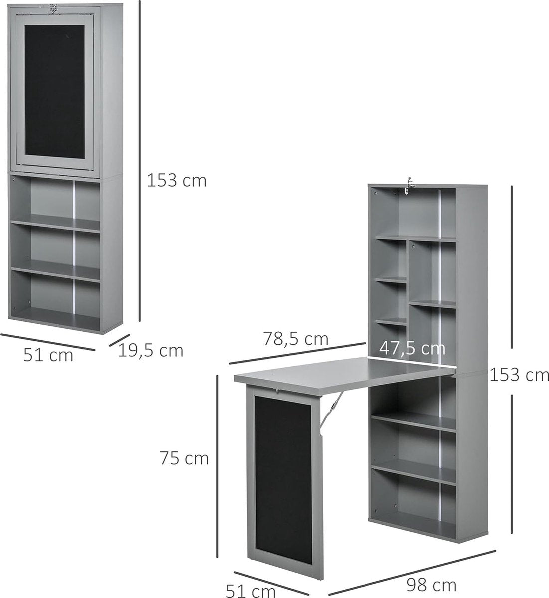 Foldable computer desk, desk with storage, foldable wall table with bookcase, workstation, chalkboard and adjustable shelf, dark gray