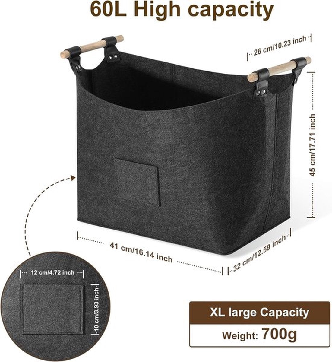 Equivera houtmand voor haardhout XL, 60 liter, mand voor brandhout, brandhoutmand, opslag binnen, opvouwbare vilten mand voor hout, opvouwbaar, transport en opslag (donkergrijs)