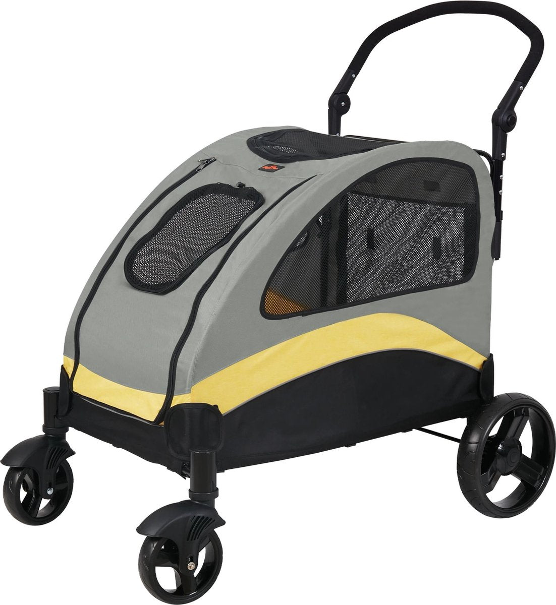 RM Store® - Grote Hond Wandelwagen - 4 Wielen Huisdier Trolley - Verstelbare Hendel - Opvouwbaar - Max. 55KG - Grijs + Geel