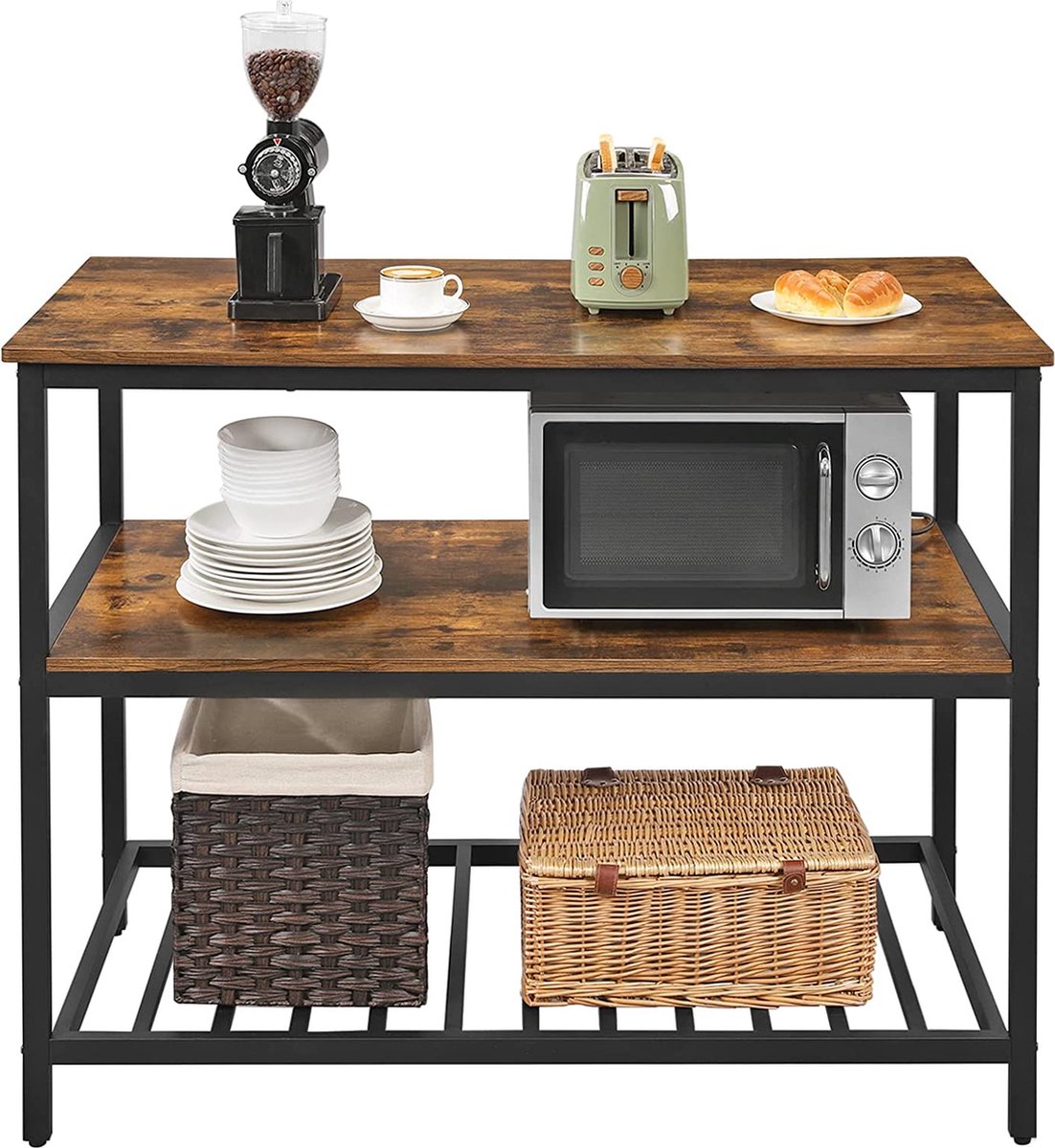 Kitchen shelf with 3 shelves, kitchen island with large worktop, stable metal frame, 120 x 60 x 90 cm, easy assembly, industrial design, vintage brown-black KKI01BX