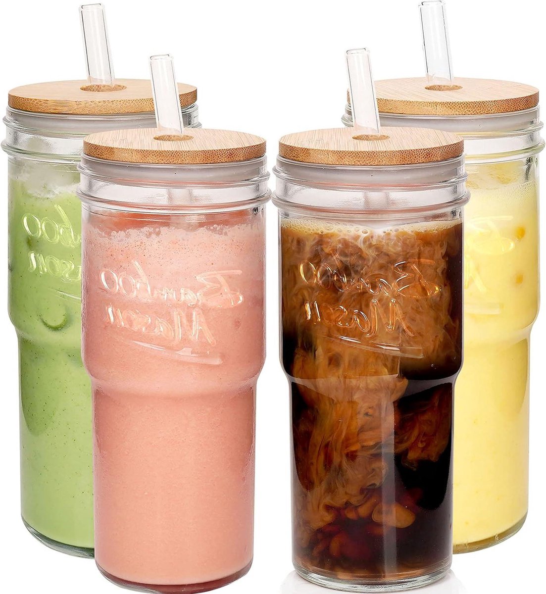 Glass Cups with Lids and Straws - Set of 4 - 680 ml - Travel Coffee Mug - Wide Mouth - Mason Jar - Iced Coffee Cup - Smoothie Cup - Glass Tumbler - Tea Cup - Clear - Cute Water Cups - Drinking Jars - Glasses