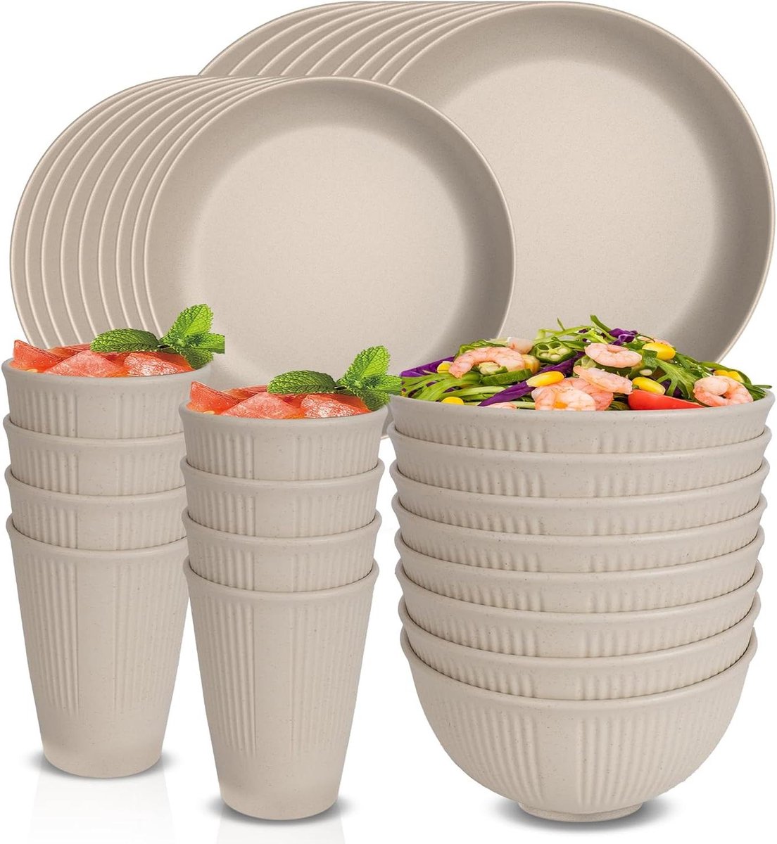 Servies Sets voor 8 Personen - Plastic Borden en Kommen Set - Herbruikbaar Servies - Magnetron en Vaatwasserbestendig - Camping Picknick Thuisfeest Dinerset - 16 stuks Borden 8 stuks Kommen 8 Borden Set 6 Personen