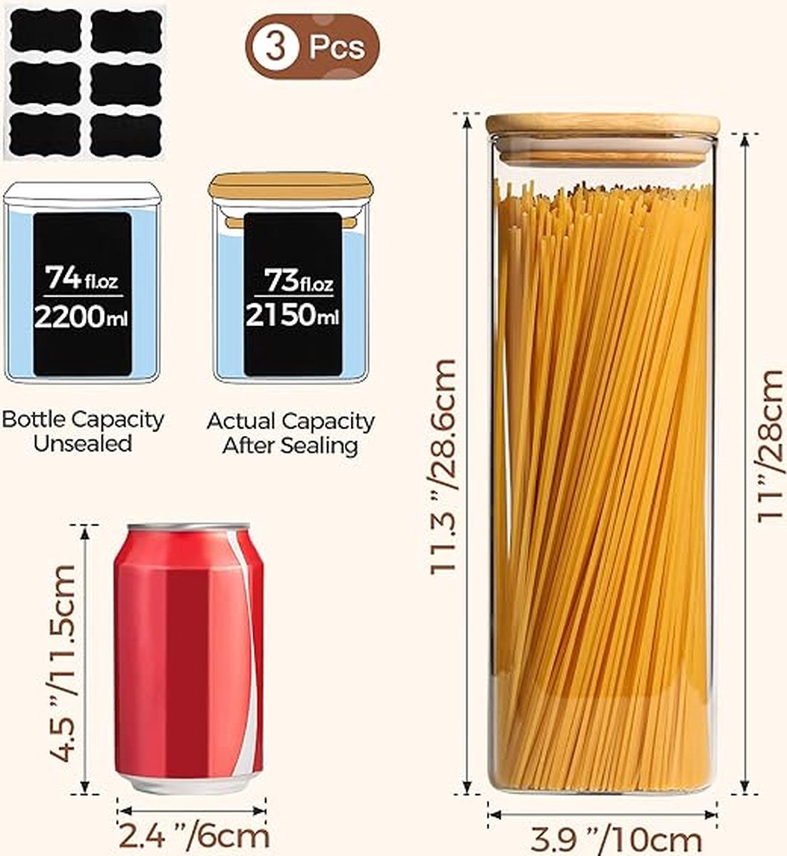 WINKEL YOLO-Opbergpot Spaghetti -2100 ml Glazen-met Bamboe Deksel voor Pasta-Koffiebonen-Set van 3