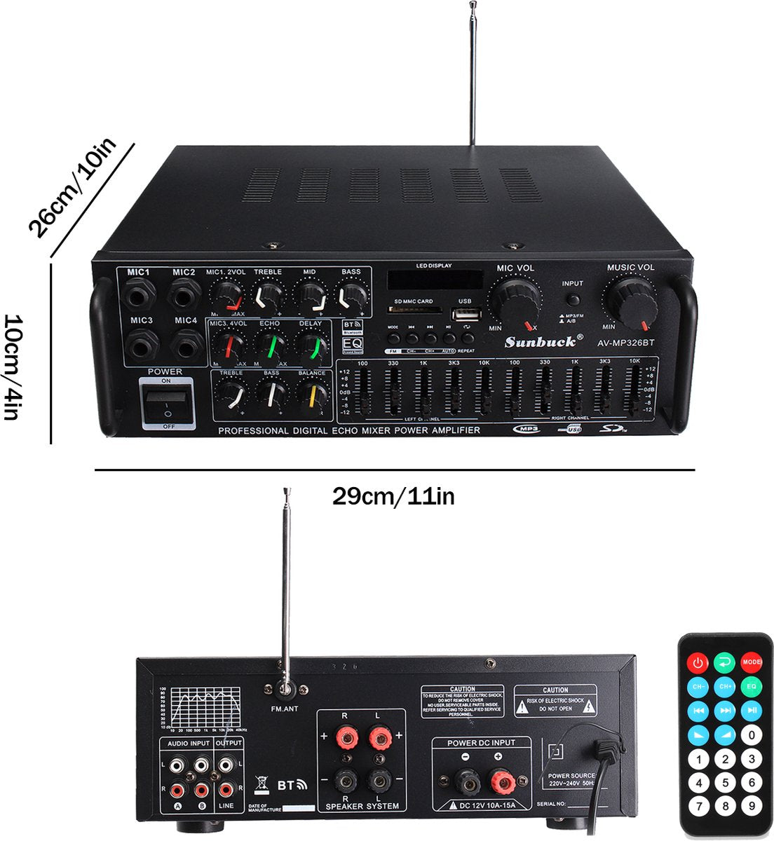 220V-240V Bluetooth Stereoversterker voor in de Auto-800W Autoluidsprekers-met Afstandsbediening-Zwart