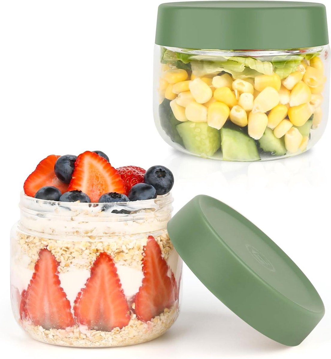Mueslibeker 300ml 2 stuks - potjes voor overnight oats - luchtdicht deksel - voorraadpotjes - ronde glazen bakjes - meal prep - yoghurt muesli pap - groene deksel