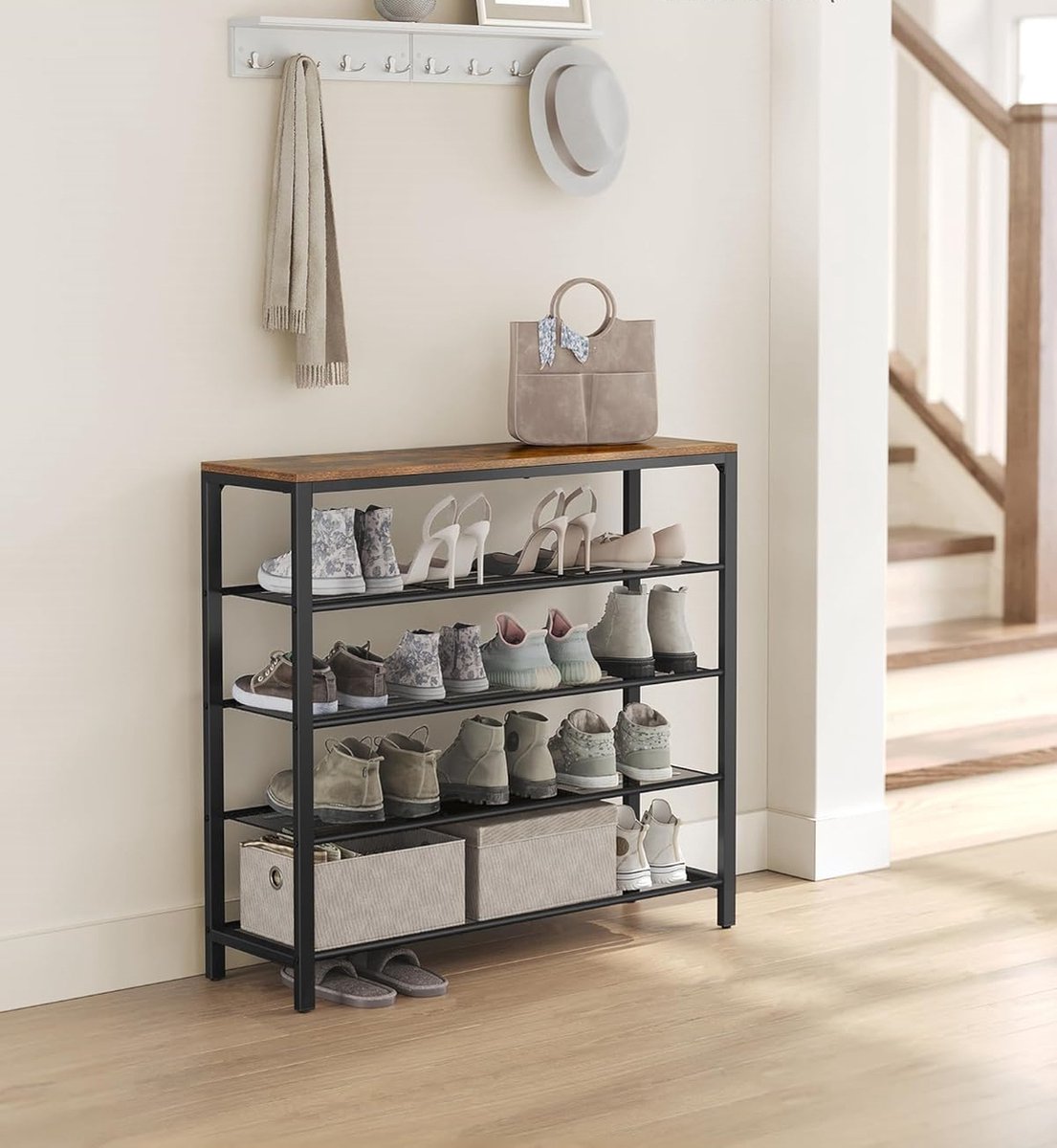 Hoppa! Vintage Metalen Schoenenrek 4 Lagen Bruin - Bruin - Metaal - 100 x 30 x 92,5 cm