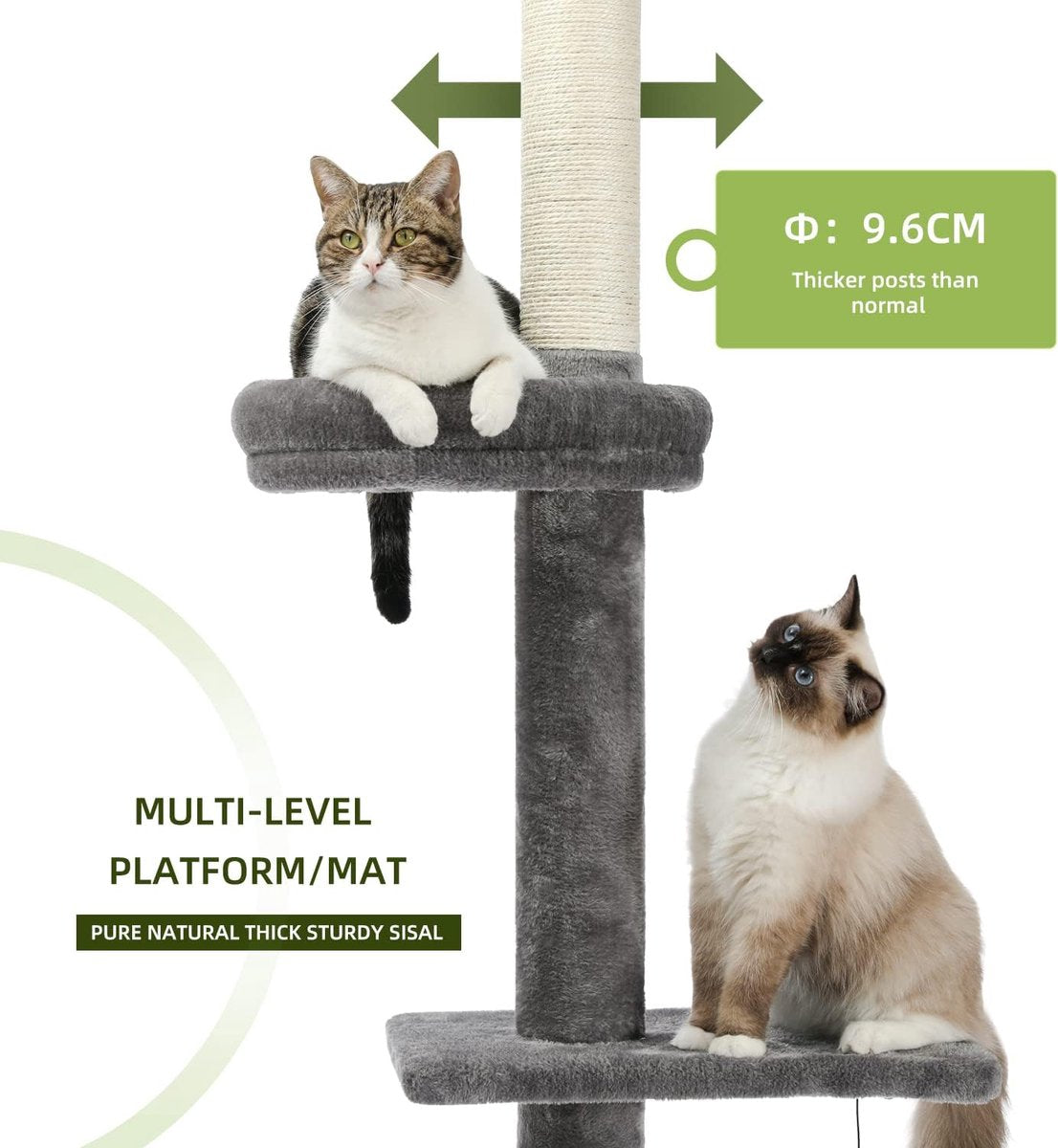 Cat Tree 5-Tier Floor to Ceiling Cat Tower Adjustable Height, Tall Climbing Activity Center for Kittens with Scratching Post, Cozy Bed, Dangling Ball for Indoor Cats/Kittens - Grey [Energy Class A]
