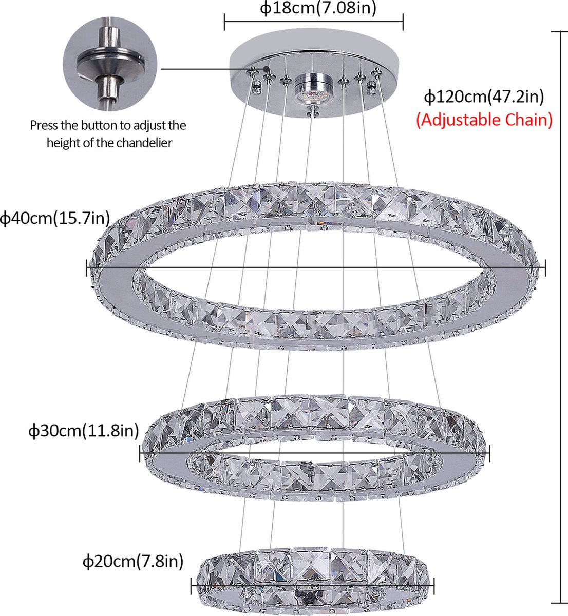 Chandelix - Luxe Kristallen Kroonluchter - Woonkamer - Ringen - met Afstandsbediening en App - Dimbaar - In hoogte verstelbaar - Woonkamerverlichting - Slaapkamerverlichting - Smartlamp - Ringlamp - LED - Kristal