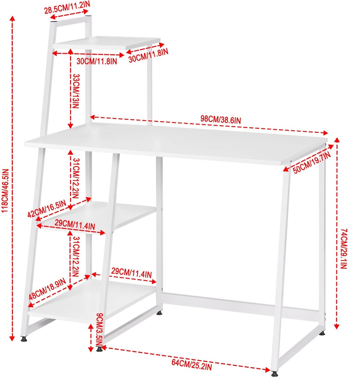 RM Store® - Computerbureau - Computertafel - Computermeubel - Werktafel - Kantoortafel - Werkbureau - 4 planken - Industrieel - Stalen frame - Hout - Zwart - 98x118x50 cm.