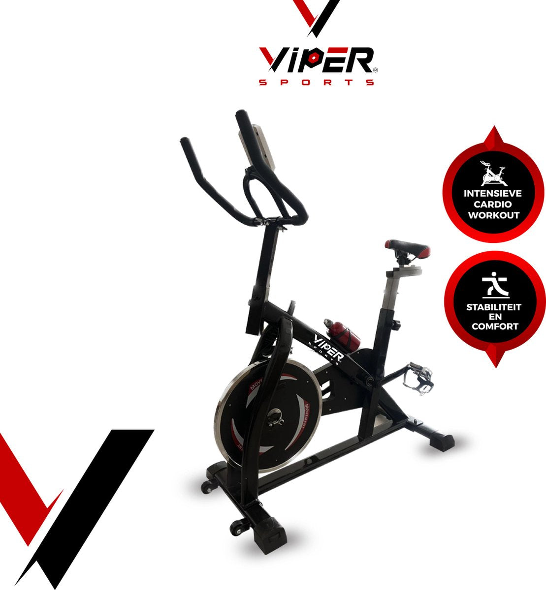 Viper Sports ZeusBike – Spinning – 98 x 49 x 105 cm – Hometrainer – Met computer – Inclusief bidon – Zwart/Rood