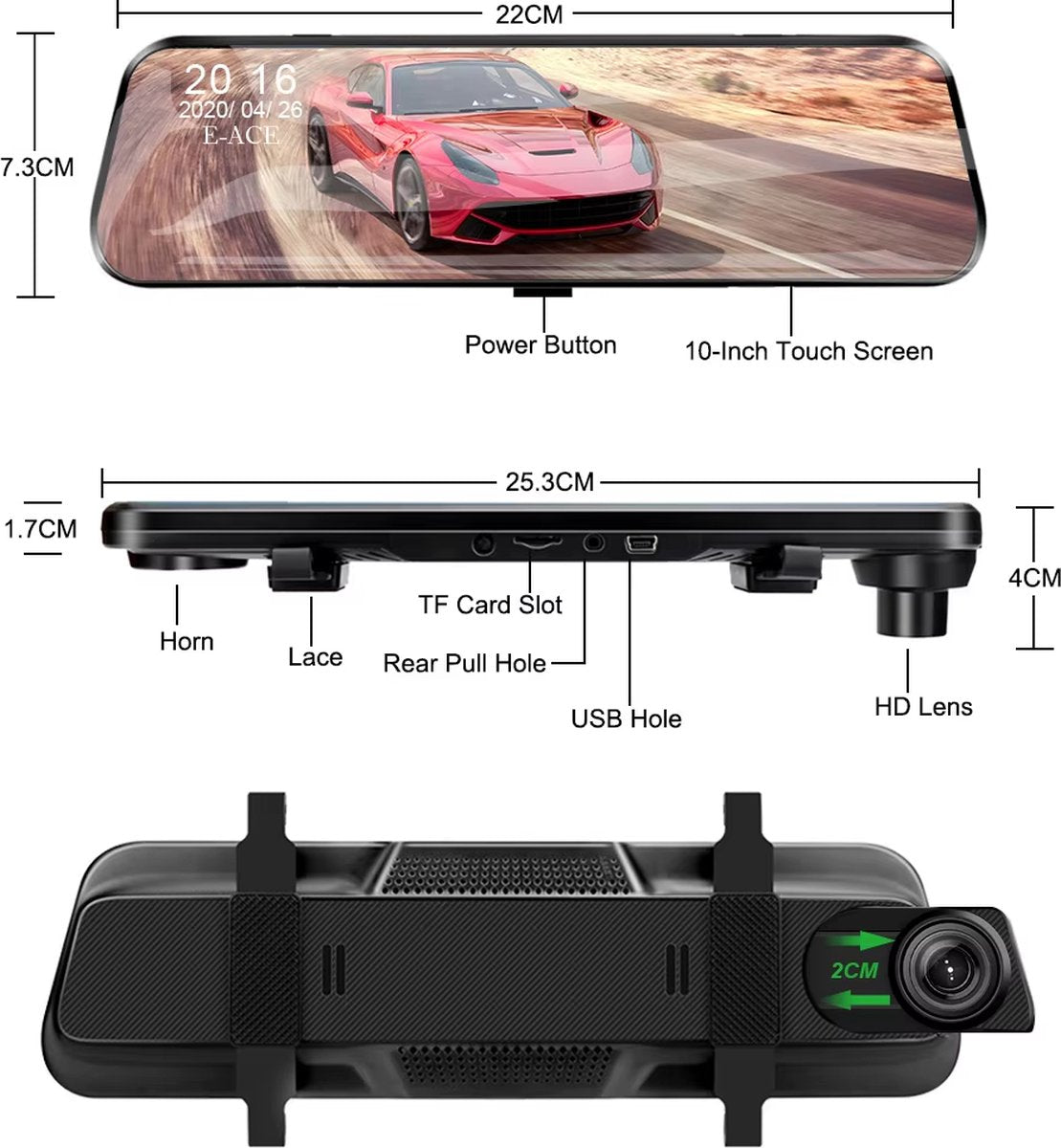 Dashcam met achteruitrijcamera - 4K - 10 inch - IPS-touchscreen - Spiegelcamera voor auto - Touchscreen - Videorecorder - Achteruitkijkspiegel - Dashcam - Voor- en achtercamera - Spiegel - Bewegingsdetectie en parkeerstand