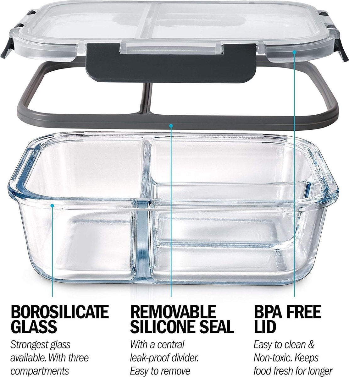 Glass Meal Prep Containers - 3 Compartments - Airtight Snap Lids - BPA Free - Microwave Freezer Dishwasher Safe - Portion Control - Food Storage Container - Set of 3 Meal Prep Containers