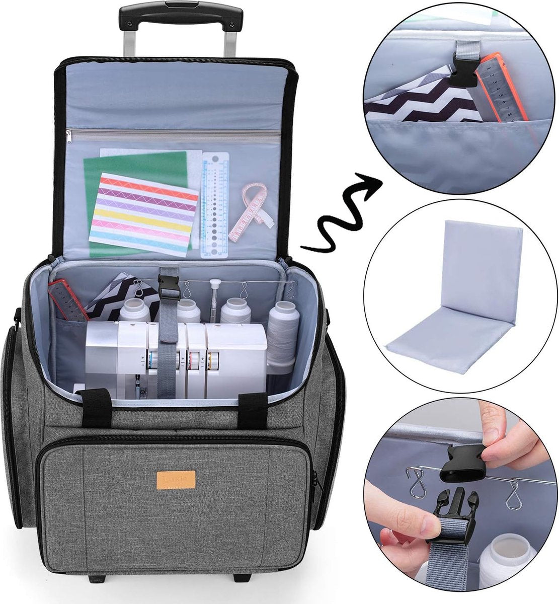 Overlocker afneembare trolley, Coverlock naaimachinetrolley met afneembare onderlegger, overlock-naaimachinetas (slechts één lege tas inbegrepen), grijs