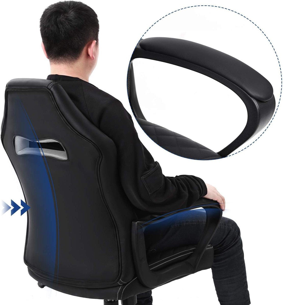 Luxe Ergonomische Bureaustoel Met Kantelmechanisme - Directie Managerstoel Ergonomisch - Ergonomische Luxe Racing Style Design Game Computer Stoel - Voor Gamen/Kantoor/Thuiswerken - Extra Dikke Vulling - Kunstleer - Zwart