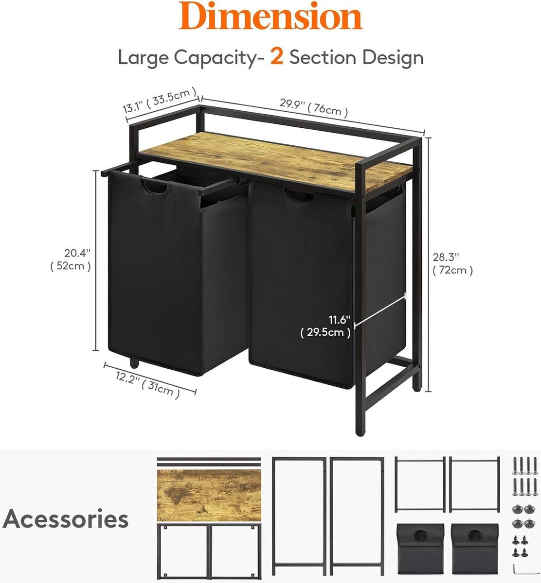 Laundry Basket 2 Sections 95 L - Shelf - Double Pull-Out Removable Bags - Laundry Sorter - Laundry Room Bedroom - Black Laundry Basket 3 Compartments