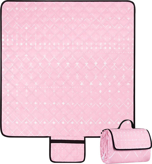 Picknickdeken, waterdicht, 200 x 200 cm, draagbaar, zandvrij, met handvat, opvouwbaar, wasbaar, outdoor campingdeken voor 4-6 personen in het park, tuin, gazon, BBQ, wandelen, roze geometrisch