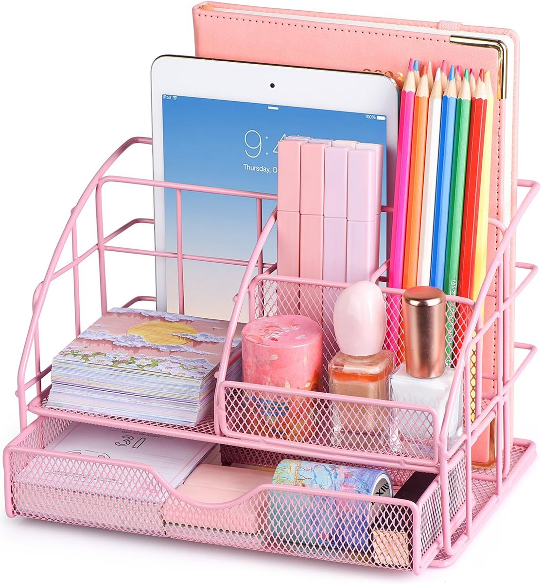 Children's Desk Organizer for Girls, Pen Holder, Table Organizer with Pen Trays and Drawer, Made of Metal, Mesh for Office and School, Pink