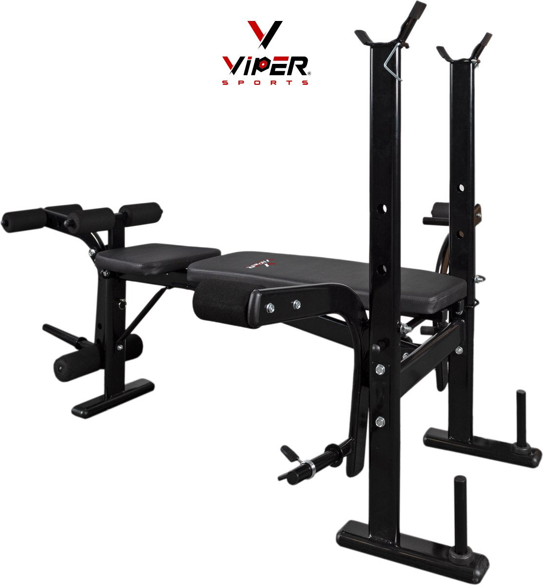 Viper Sports halterbank – Fitnessbank – Verstelbare rugleuning – Uiterst geschikt voor gewichten – Incl. Beenhouder – Zachte handgrepen – PU kussens – Triangel structuur – Inklapbaar - Zwart - 182x116x112cm