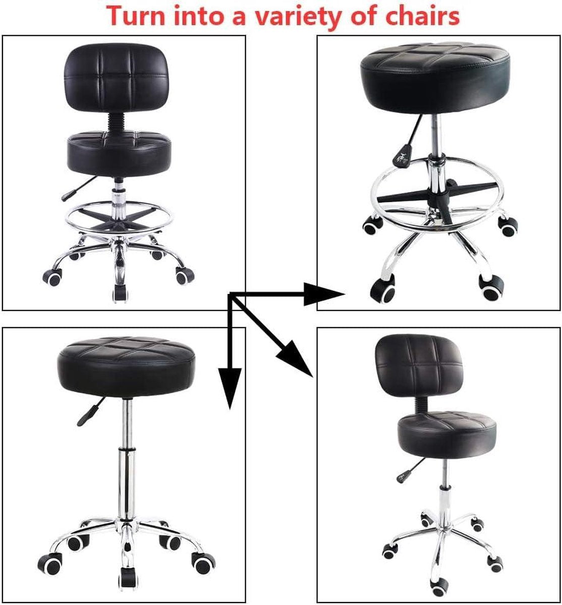 Height Adjustable Stool with Backrest - PU Leather Salon Chair with Wheels - Black