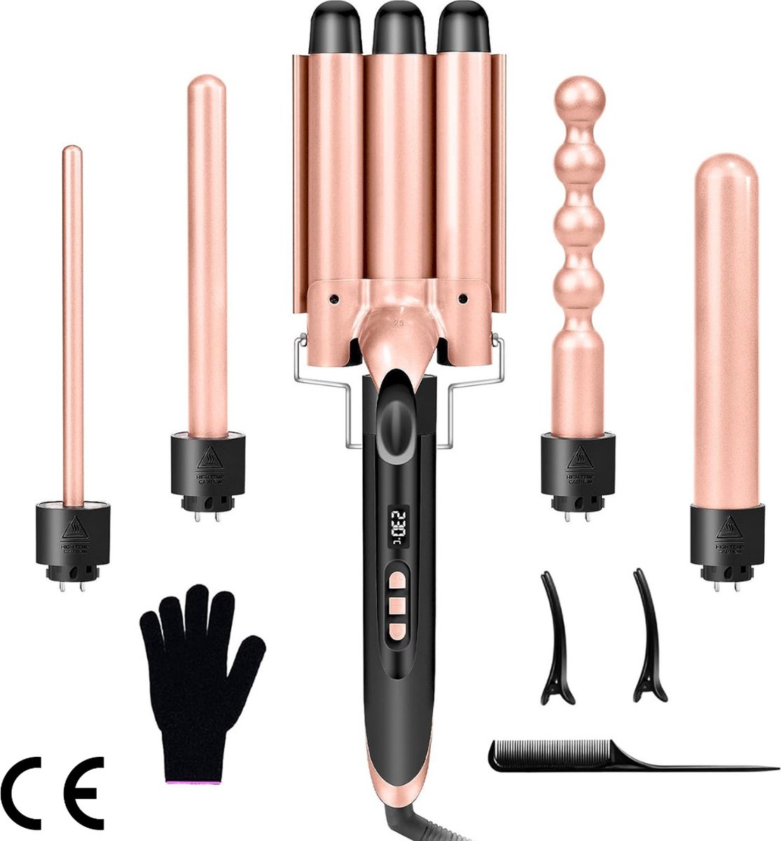 Versatile 5-in-1 Ceramic Curling Iron Set - Interchangeable Attachments, Digital Display, Adjustable Temperature (80-230 °C), Including 2 Hair Clips and Comb